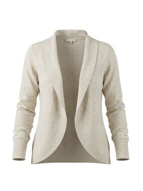 Womens Beige Shawl Collar Open Front Cardigan Sweater Knit Ribbed Cuff Size L
